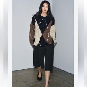 Zara Oversized Argyle Black Brown Cream Slouchy Fit Current Season Sweater XL